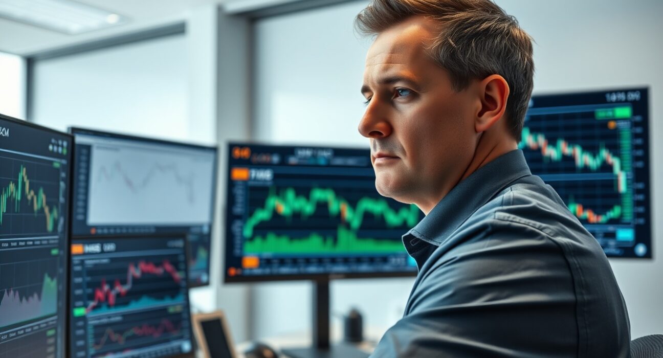 Financial analyst reviewing Ethereum price charts and derivatives data on multiple monitors in a newsroom setting.