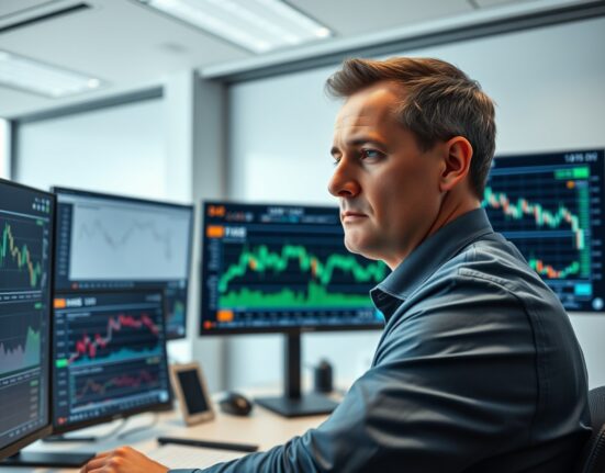Financial analyst reviewing Ethereum price charts and derivatives data on multiple monitors in a newsroom setting.