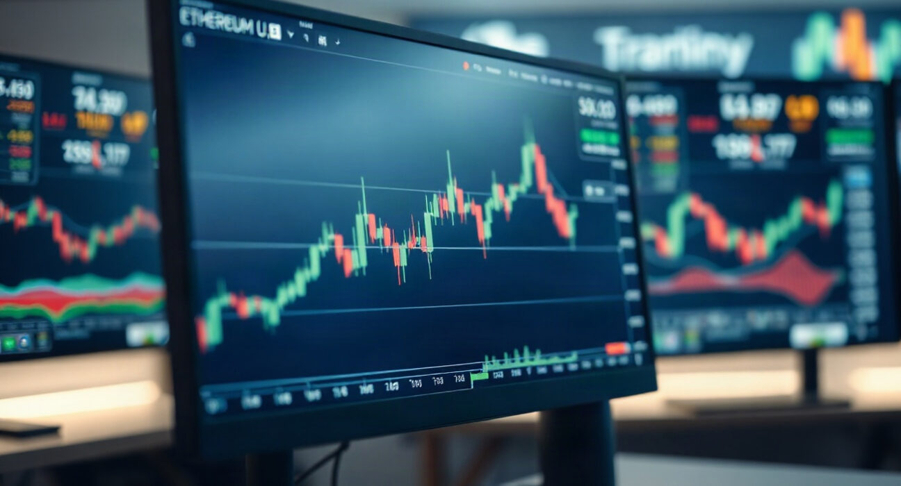 Ethereum price chart on trading screen with ETH symbol visible, showing August gains