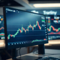 Ethereum price chart on trading screen with ETH symbol visible, showing August gains