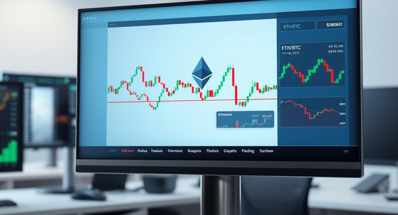Ethereum price chart on a monitor showing potential bottom signals and ETH/BTC ratio analysis