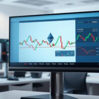 Ethereum price chart on a monitor showing potential bottom signals and ETH/BTC ratio analysis
