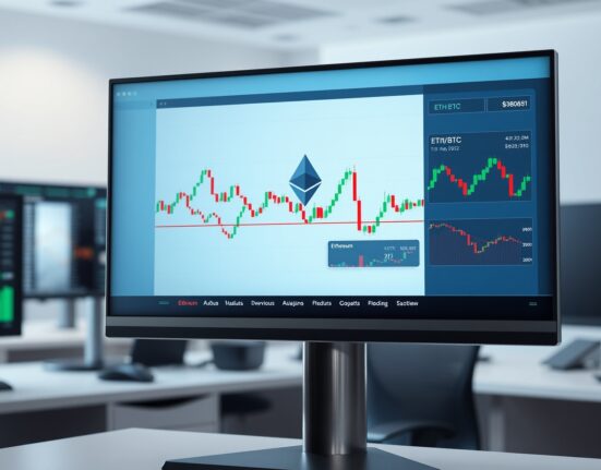 Ethereum price chart on a monitor showing potential bottom signals and ETH/BTC ratio analysis