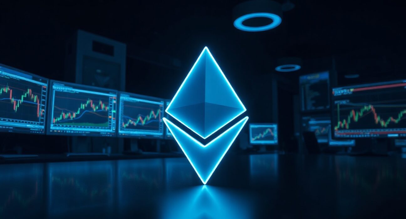 Ethereum symbol on a trading desk with charts in the background, representing ETH price analysis