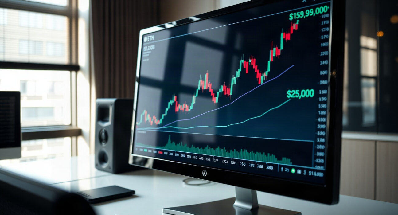 Ethereum price chart showing ETH surging above $2,500 on a computer screen