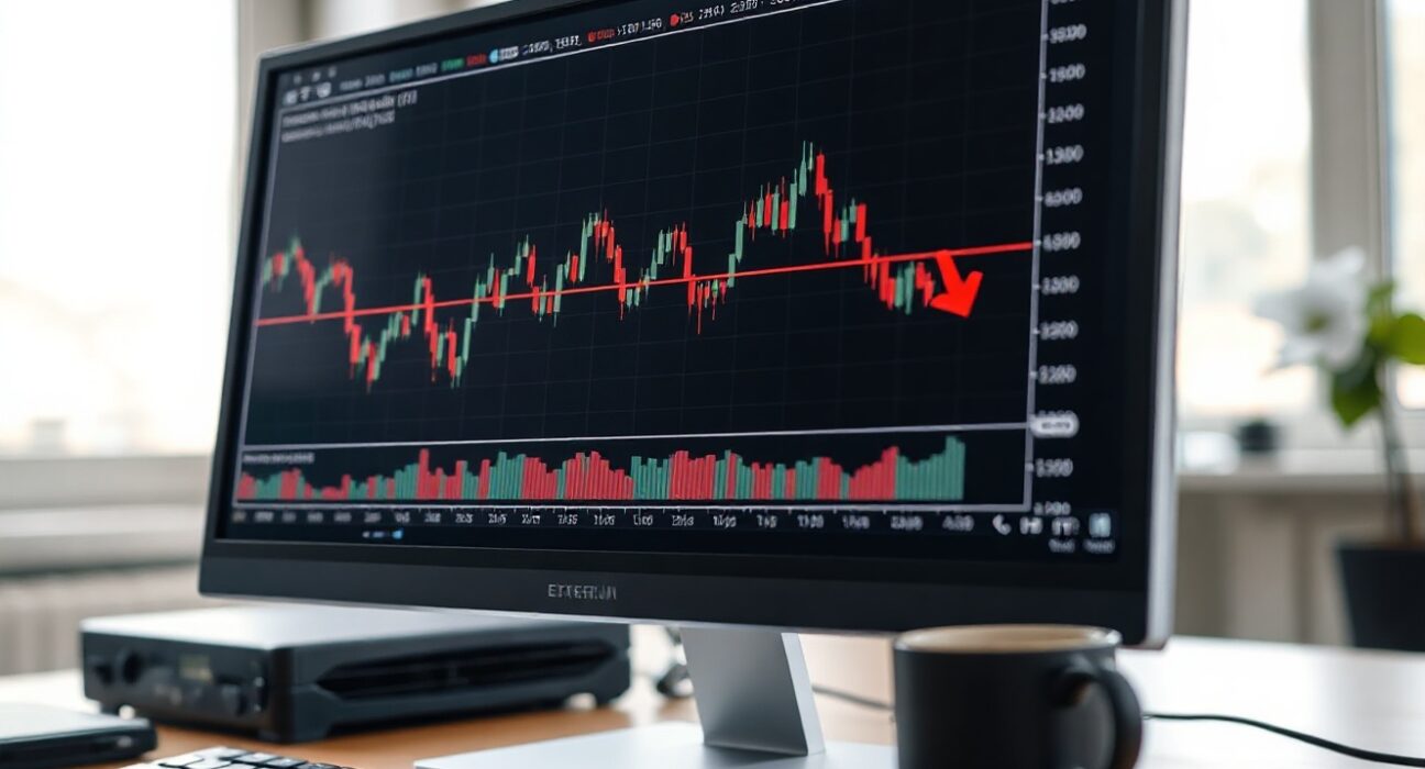 Ethereum price chart on a monitor showing weak momentum and retail distribution