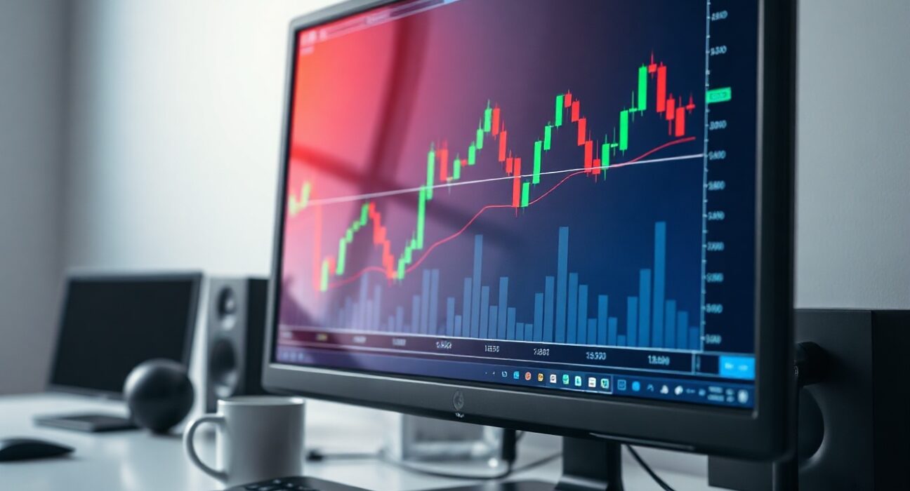 Ethereum price chart on a monitor in a trading office, illustrating market analysis