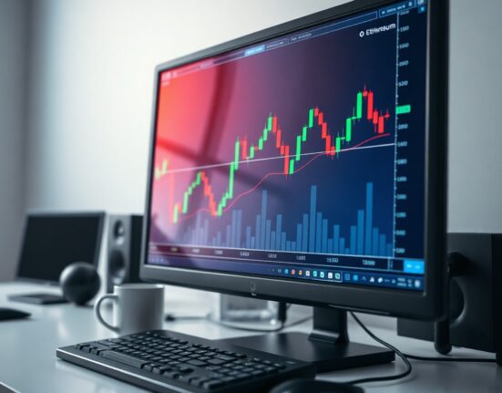 Ethereum price chart on a monitor in a trading office, illustrating market analysis