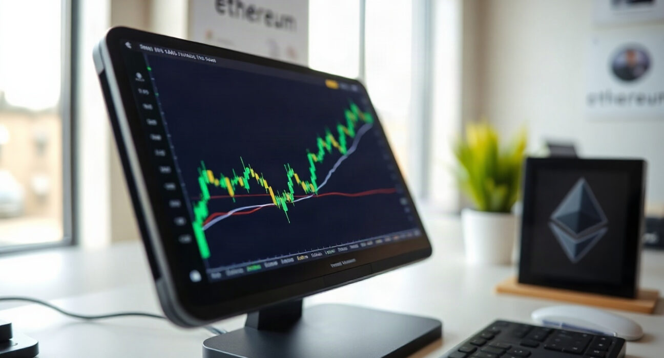 Ethereum price chart showing upward trend on a screen in a modern office