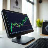 Ethereum price chart showing upward trend on a screen in a modern office