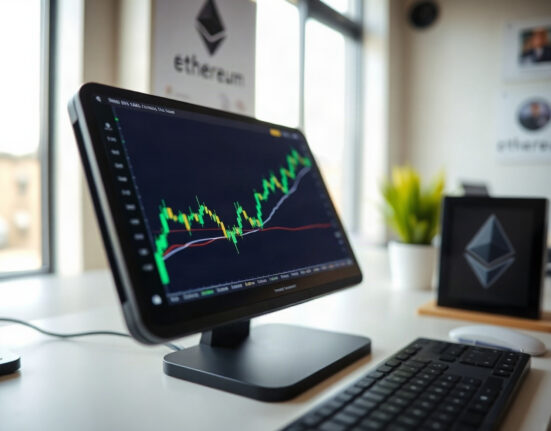 Ethereum price chart showing upward trend on a screen in a modern office