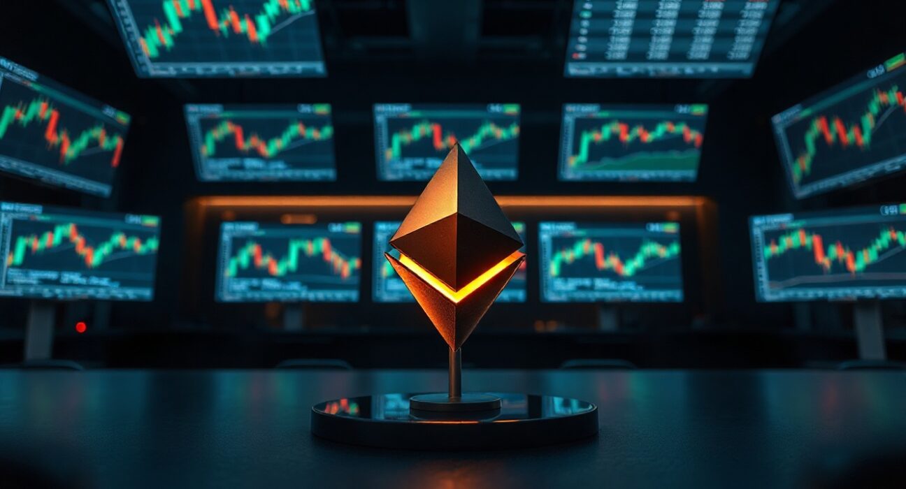 Ethereum symbol on a trading desk with charts in the background, representing price forecast analysis