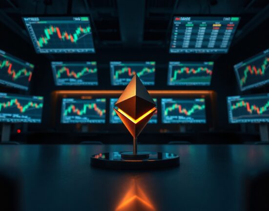 Ethereum symbol on a trading desk with charts in the background, representing price forecast analysis