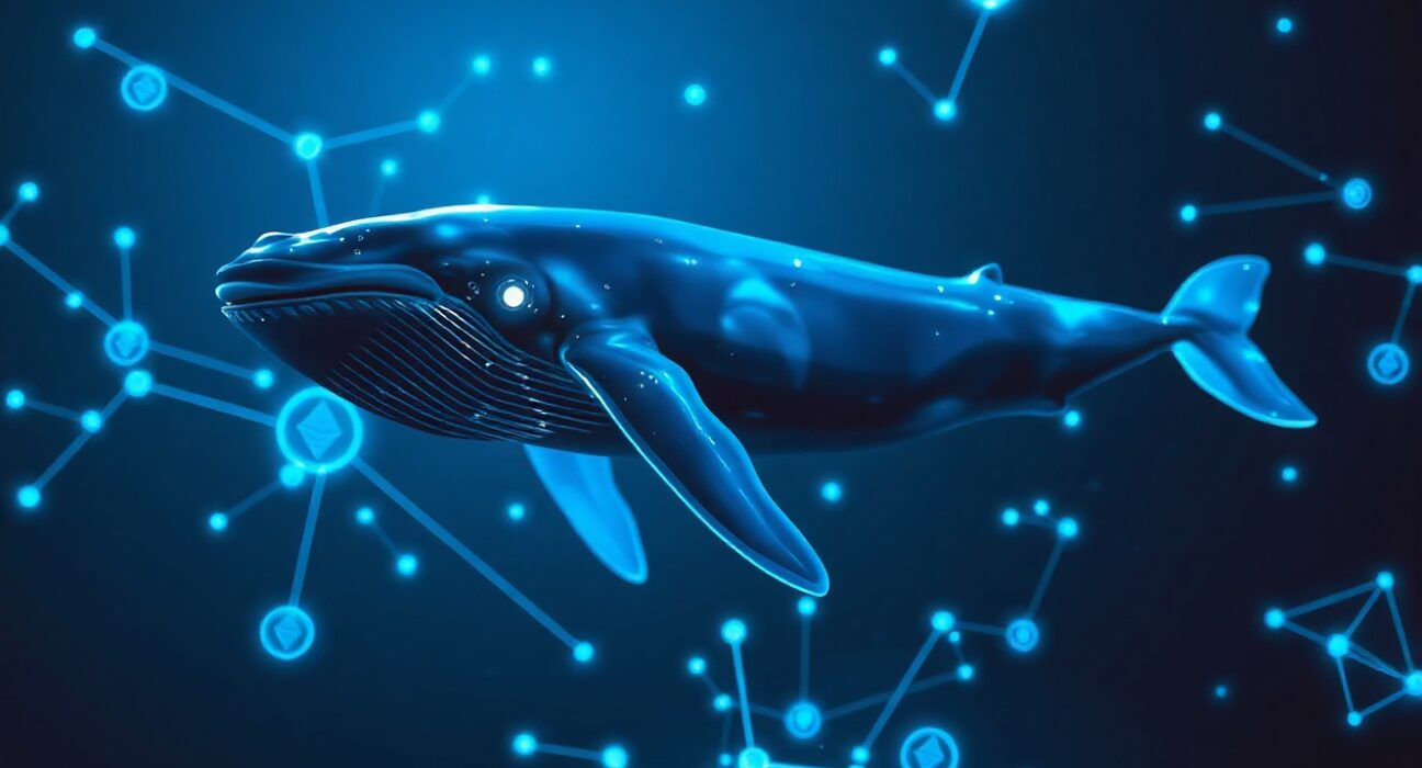 A whale swimming through a digital ocean of Ethereum tokens, symbolizing whale accumulation during the crypto bear market.