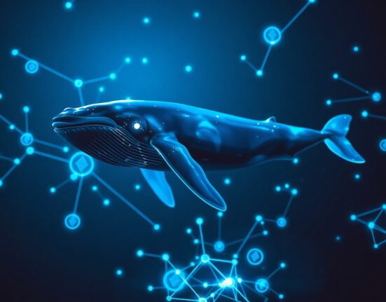 A whale swimming through a digital ocean of Ethereum tokens, symbolizing whale accumulation during the crypto bear market.