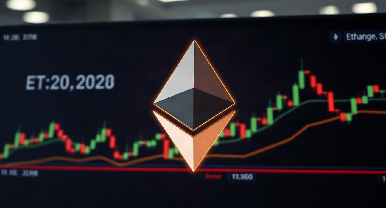 Ethereum symbol on a trading screen with candlestick charts showing price stability above $2,300