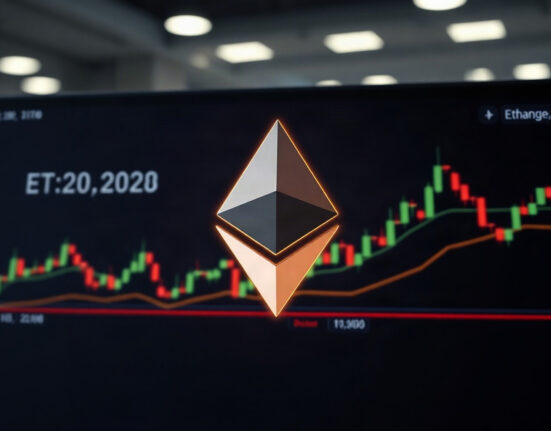Ethereum symbol on a trading screen with candlestick charts showing price stability above $2,300
