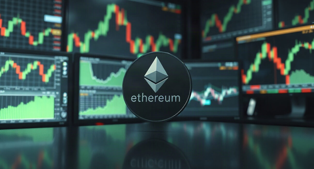 Ethereum coin on a trading desk with monitors showing rising charts