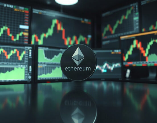 Ethereum coin on a trading desk with monitors showing rising charts