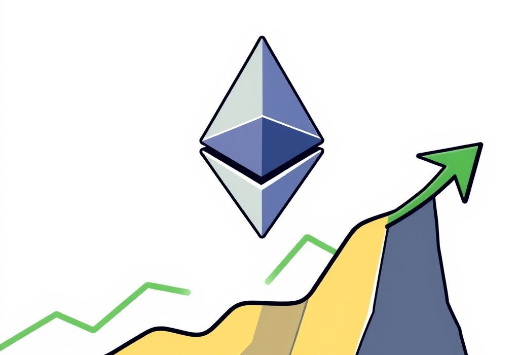 A cartoon illustration of the Ethereum logo ascending steadily, representing a positive Ethereum price outlook and stable growth.