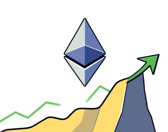A cartoon illustration of the Ethereum logo ascending steadily, representing a positive Ethereum price outlook and stable growth.