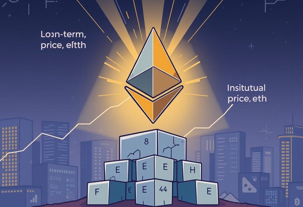 A cartoon illustration showing the strong long-term Ethereum price outlook amidst minor market fluctuations, emphasizing growth.