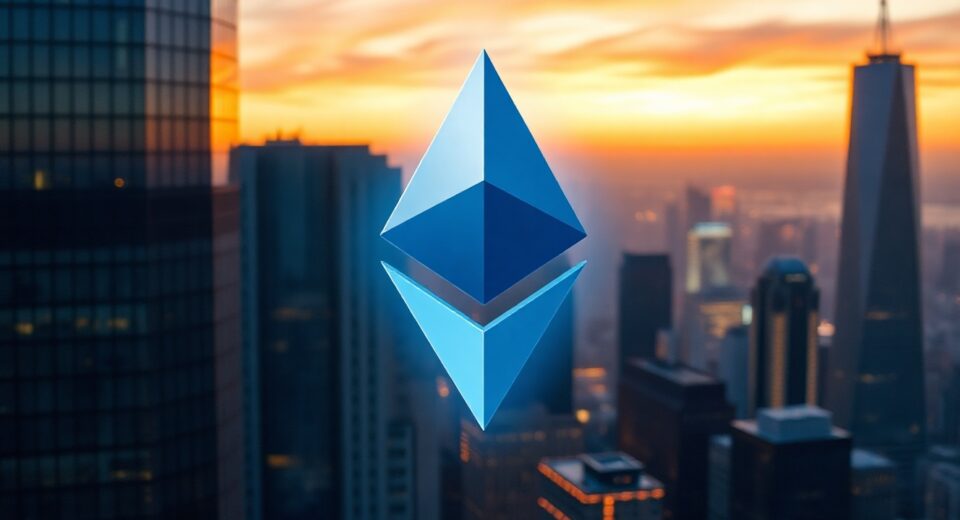 Glowing Ethereum logo above a modern city skyline at dusk representing crypto market growth