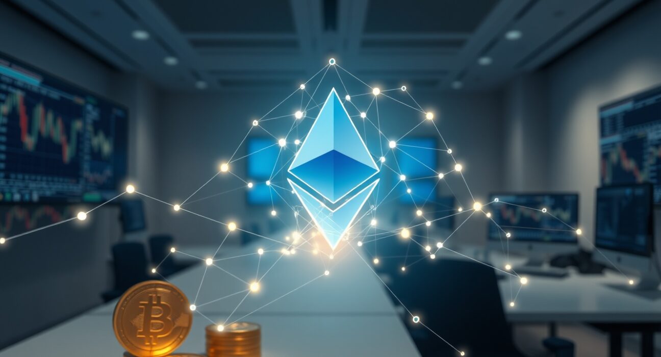 Ethereum blockchain network merging with traditional financial symbols representing monetary premium capture