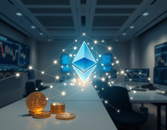 Ethereum blockchain network merging with traditional financial symbols representing monetary premium capture