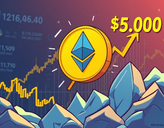 Chart showing Ethereum's potential climb, illustrating an optimistic ETH price prediction as it targets $5,000.