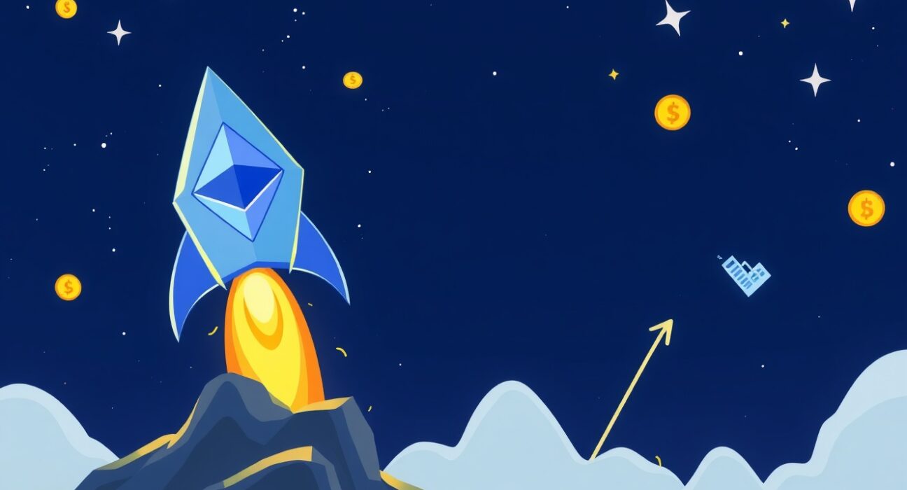 An optimistic cartoon illustration of the Ethereum price prediction showing ETH as a rocket heading towards $5000.