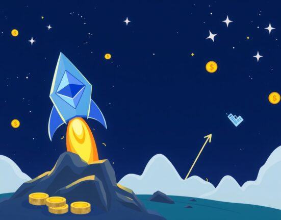An optimistic cartoon illustration of the Ethereum price prediction showing ETH as a rocket heading towards $5000.