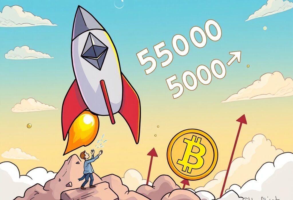 A cartoon illustration showing Ethereum (ETH) breaking the $5,000 mark, symbolizing a bullish Ethereum Price Prediction driven by market factors.