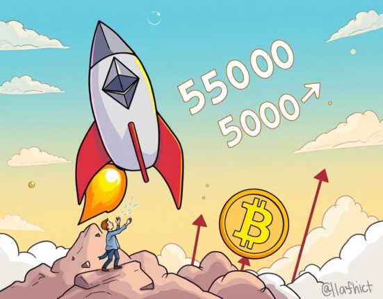 A cartoon illustration showing Ethereum (ETH) breaking the $5,000 mark, symbolizing a bullish Ethereum Price Prediction driven by market factors.