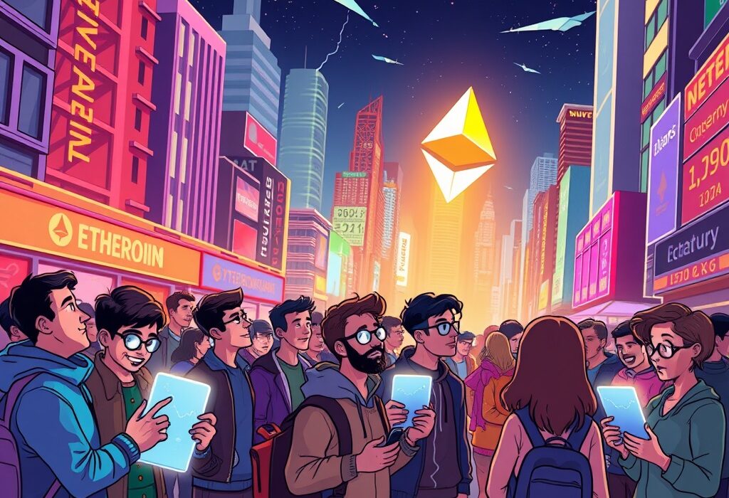 Cartoon illustration showing excited Korean investors watching Ethereum Price Prediction charts, anticipating an ETH all-time high.
