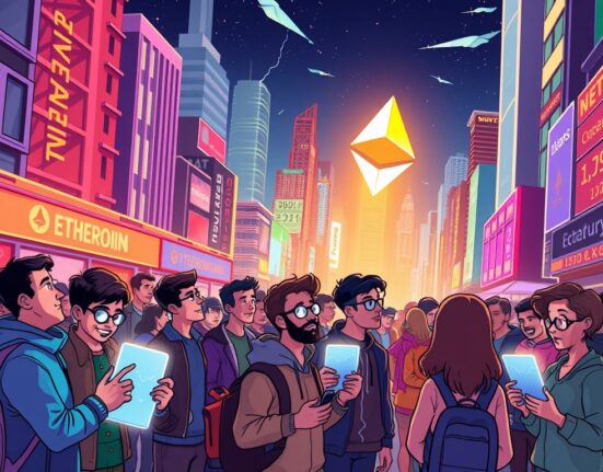 Cartoon illustration showing excited Korean investors watching Ethereum Price Prediction charts, anticipating an ETH all-time high.