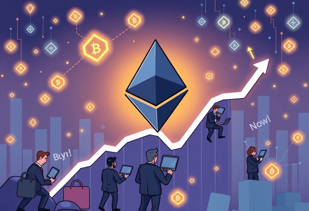 A vibrant cartoon shows the Ethereum price prediction soaring, driven by institutional Ethereum buying and market factors.