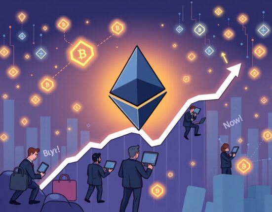 A vibrant cartoon shows the Ethereum price prediction soaring, driven by institutional Ethereum buying and market factors.