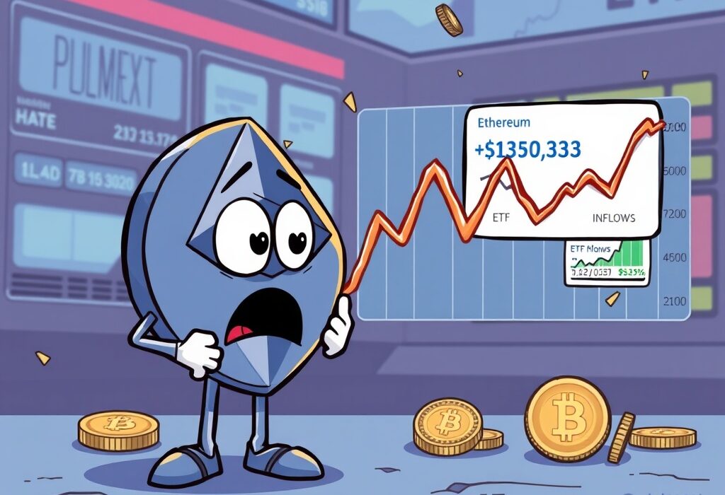 Cartoon illustration showing shifting Ethereum price prediction odds amidst market volatility and strong ETF inflows.