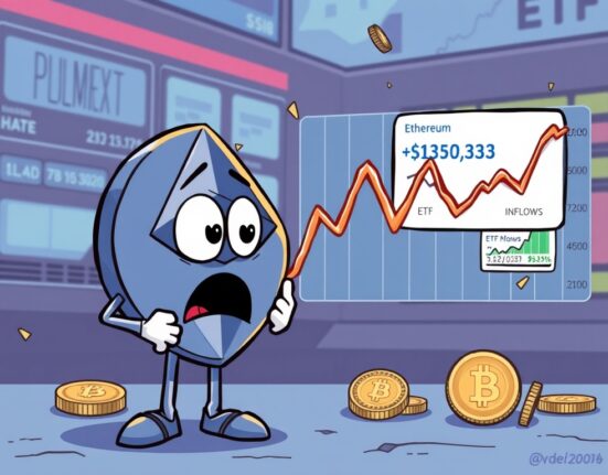 Cartoon illustration showing shifting Ethereum price prediction odds amidst market volatility and strong ETF inflows.