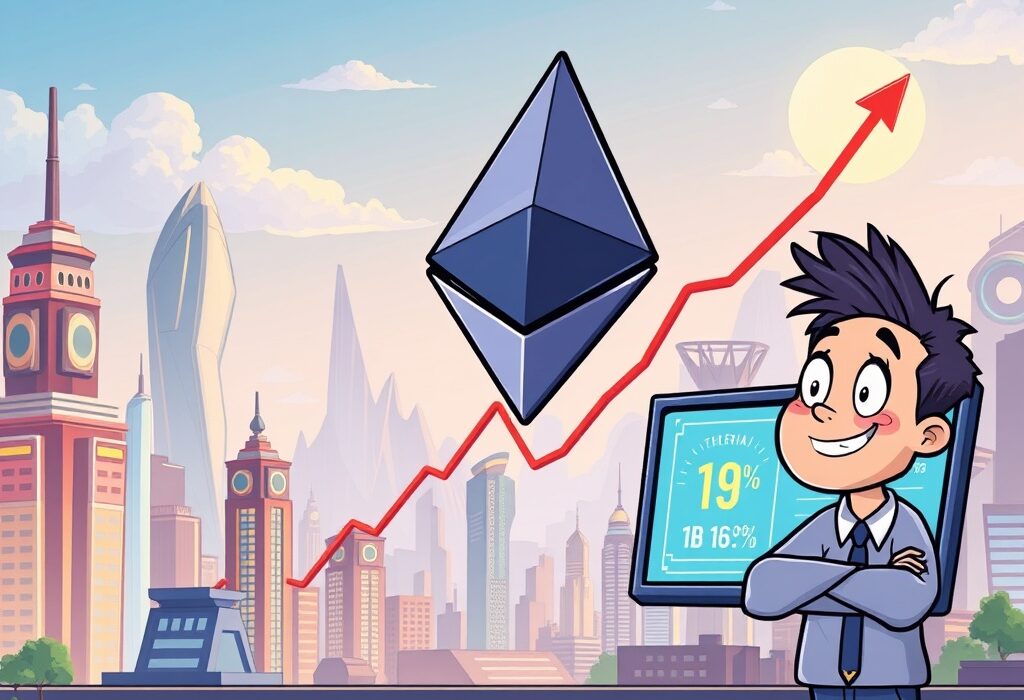 A cartoon illustration showing the optimistic Ethereum price prediction from Polymarket, with ETH surging past targets.