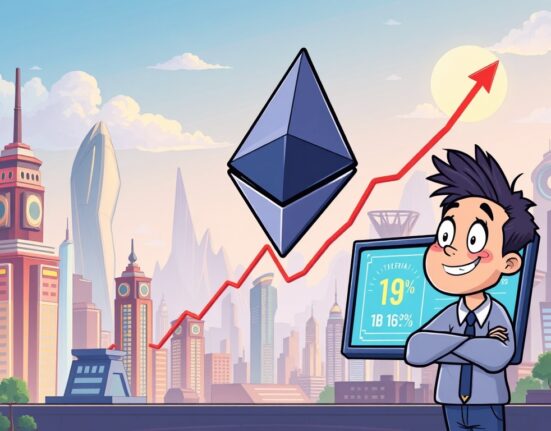 A cartoon illustration showing the optimistic Ethereum price prediction from Polymarket, with ETH surging past targets.
