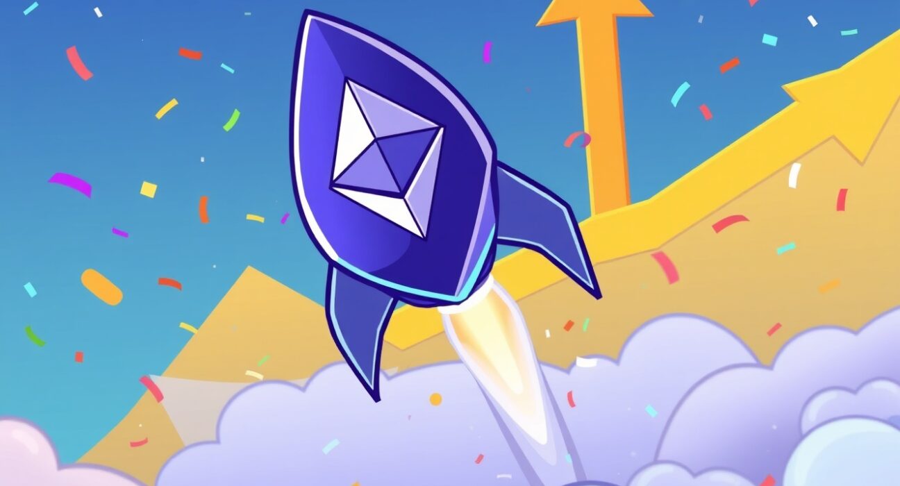 Ethereum price prediction illustrated as a rocket breaking through chart barriers
