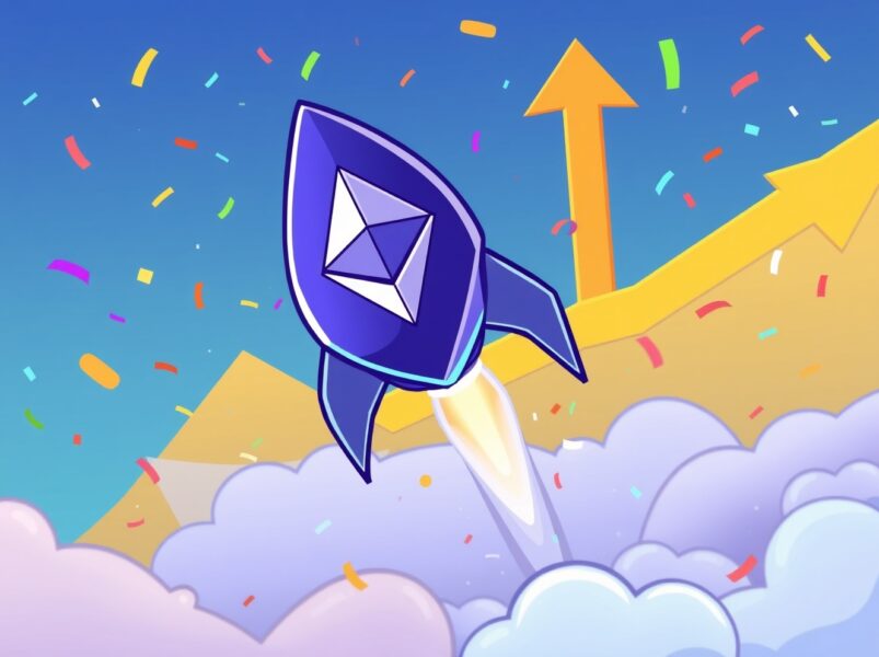 Ethereum price prediction illustrated as a rocket breaking through chart barriers