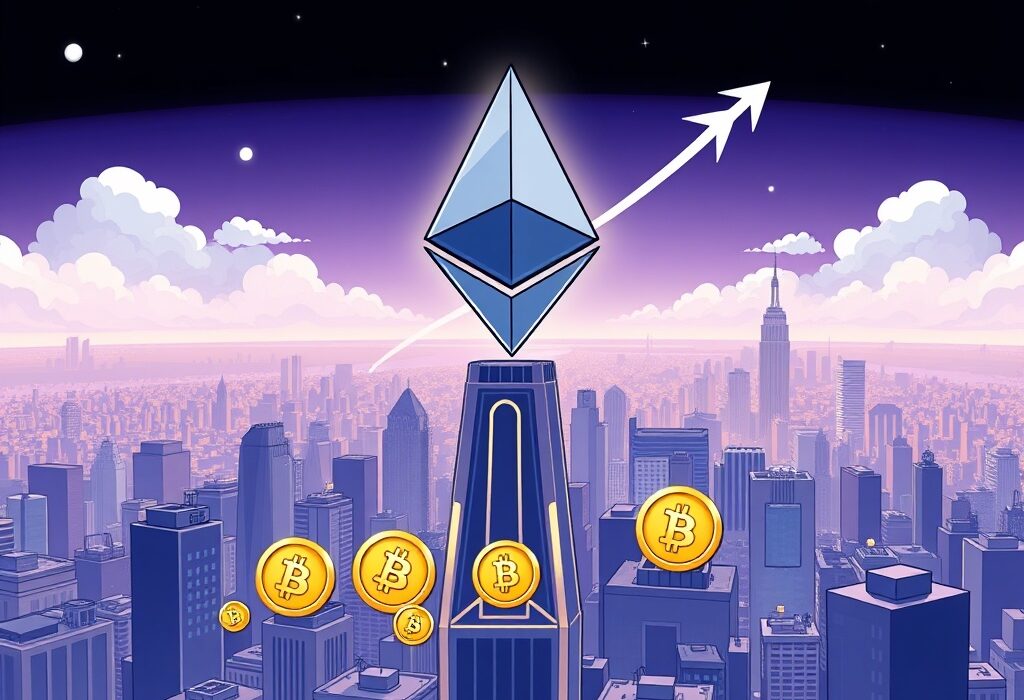 A vibrant cartoon illustration depicting Ethereum's potential for a significant price surge, illustrating an optimistic Ethereum price prediction.