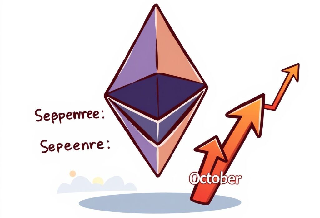 A cartoon illustration showing the Ethereum price prediction for a September correction followed by an October rally.