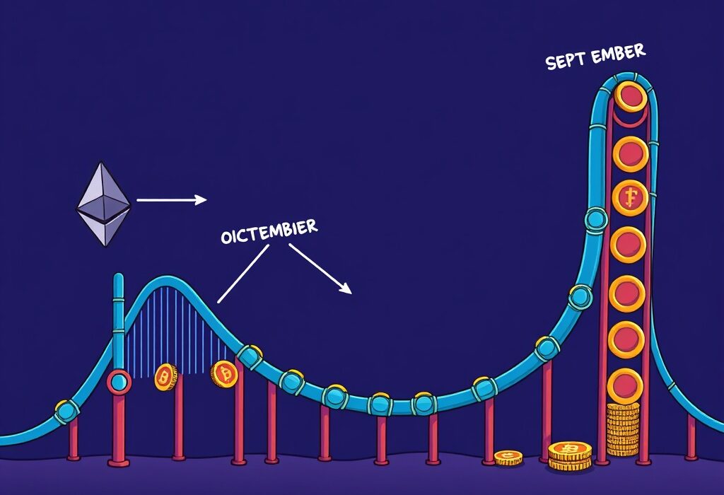 A cartoon illustration showing the Ethereum price prediction, with a bear trap dip in September followed by a strong rebound in October.