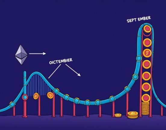 A cartoon illustration showing the Ethereum price prediction, with a bear trap dip in September followed by a strong rebound in October.