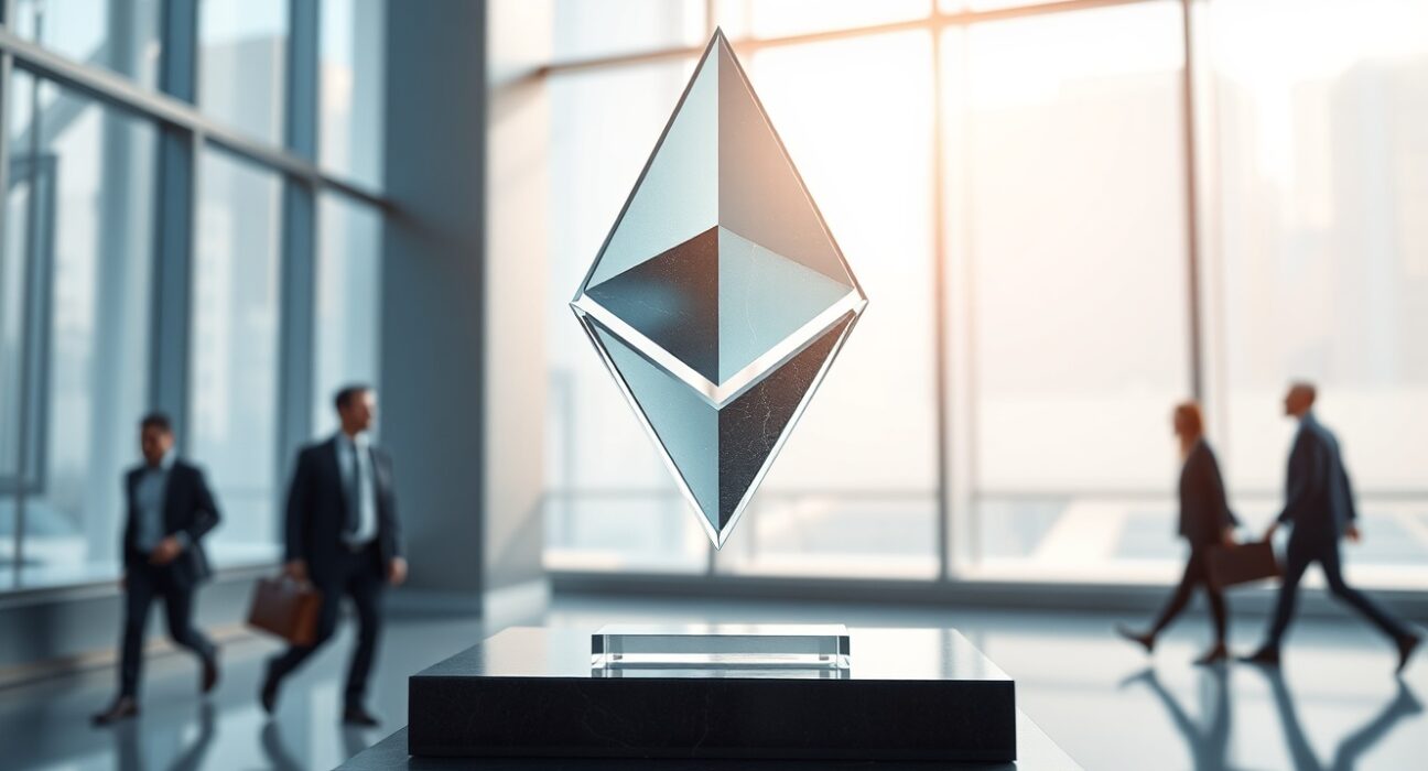 A glass Ethereum symbol sculpture in a modern financial district lobby, representing the future of digital assets and market predictions.