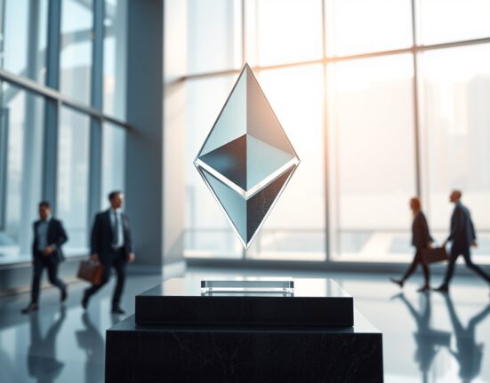 A glass Ethereum symbol sculpture in a modern financial district lobby, representing the future of digital assets and market predictions.